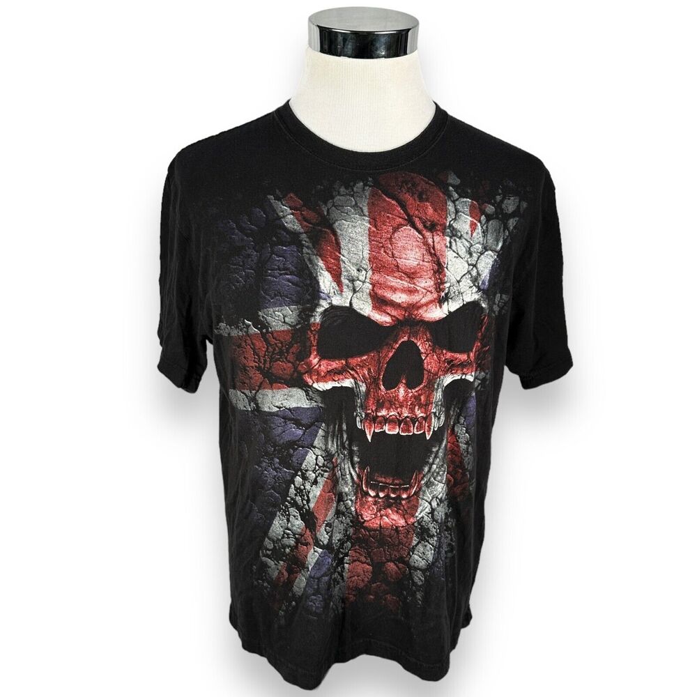 Vintage Spiral Skull T-Shirt Men’s Large Black Cotton Horror UK‎ Flag Crew Neck